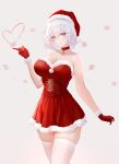  1girl :/ absurdres azur_lane bangs bare_arms bare_shoulders bell breasts choker christmas cleavage closed_mouth cowboy_shot cross-laced_clothes dido_(magicc) dress fur_trim gloves hair_between_eyes hand_up hat heart highres looking_at_viewer neck_bell red_choker red_eyes red_gloves revision santa_dress santa_hat short_dress short_hair simple_background sirius_(azur_lane) skindentation solo strapless strapless_dress thighhighs thighs white_background white_hair white_thighhighs zettai_ryouiki 