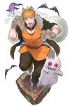  1boy absurdres animal_ears bangs bara bat_(animal) blonde_hair blush collar full_body ghost granblue_fantasy green_eyes halloween_costume highres kemonomimi_mode large_pectorals male_focus migi_(mm86262394) muscular muscular_male open_mouth paw_pose pectoral_cleavage pectorals short_hair smile solo spiked_collar spikes tail undercut vane_(granblue_fantasy) wolf_boy wolf_ears wolf_paws wolf_tail 