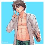  1boy bangs bare_pectorals black_hair blue_eyes bottle fate/grand_order fate_(series) fujimaru_ritsuka_(male) green_male_swimwear grey_shirt highres holding holding_bottle hood hood_down hooded_shirt kamenakake male_focus male_swimwear muscular muscular_male open_clothes open_shirt pectorals shirt short_hair simple_background smile solo teeth twitter_username upper_body v water_bottle 