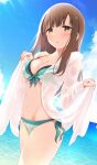  :o akisaka_yamoka bikini blue_sky blush breasts brown_hair cleavage cloud eyebrows_hidden_by_hair highres idolmaster idolmaster_cinderella_girls long_hair looking_at_viewer medium_breasts mizumoto_yukari ocean sky swimsuit wet wet_clothes yellow_eyes 