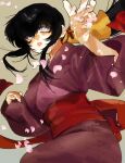  1girl basilisk_(manga) black_hair blue_eyes breasts cherry_blossoms cowboy_shot falling_petals grey_background hair_between_eyes highres iga_oboro japanese_clothes kimono long_hair looking_at_viewer medium_breasts outstretched_hand parted_lips petals purple_kimono sidelocks solo talesofmea 