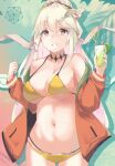  1girl bare_shoulders bikini black_choker braid breasts choker chunithm cleavage cowboy_shot grin hair_ornament hairclip hands_up highres holding jacket large_breasts layered_bikini long_hair long_sleeves looking_at_viewer mushpz navel off_shoulder open_clothes open_jacket orange_eyes orange_jacket smile solo stomach strap_gap string_bikini swimsuit white_hair yellow_bikini 