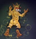  &lt;3 all_fours anthro breath breath_cloud butt dota ear_piercing felid fur gondar_the_bounty_hunter hair hi_res hotoshuken looking_at_viewer lying male mammal on_front open_mouth panting piercing presenting presenting_hindquarters red_eyes solo spiky_hair video_games yellow_body yellow_fur 