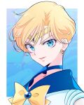  1girl asymmetrical_hair bangs bishoujo_senshi_sailor_moon blonde_hair blue_background blue_eyes blue_sailor_collar border bow bowtie choker earrings hair_between_eyes highres jewelry looking_at_viewer parted_bangs parted_lips portrait sailor_collar sailor_uranus shirt short_hair short_sleeves solo ten&#039;ou_haruka tiara tsukihara_gaku2 white_shirt yellow_bow 