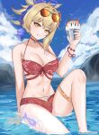  1girl absurdres arm_support bangs bare_arms bare_legs bare_shoulders bikini blonde_hair blue_sky breasts brulee choker cleavage cloud commentary_request day food genshin_impact grin hand_up head_tilt highres holding holding_food knee_up large_breasts looking_at_viewer navel outdoors ponytail red_bikini red_choker shaved_ice short_hair sitting sky smile solo stomach swimsuit thigh_strap water yellow_eyes yoimiya_(genshin_impact) 