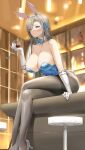  1girl absurdres animal_ears aqua_leotard aqua_ribbon arm_support asuna_(blue_archive) asuna_(bunny)_(blue_archive) bangs bar bar_stool black_pantyhose blue_archive blue_eyes blush breasts cleavage crossed_legs cup drink drinking_glass elbow_gloves fake_animal_ears feet_out_of_frame gloves hair_ribbon high_heels highleg highleg_leotard highres holding holding_cup holding_drink indoors large_breasts leaning_forward leotard light_brown_hair long_hair mole mole_on_breast on_counter pantyhose pixel_(yuxian) playboy_bunny rabbit_ears ribbon sitting solo stool strapless strapless_leotard swept_bangs thighband_pantyhose white_footwear white_gloves wine_glass 