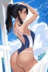  1girl arched_back arms_up ass bare_arms bare_shoulders black_hair blue_swimsuit blush brown_eyes closed_mouth commentary_request damao_yu dark-skinned_female dark_skin english_commentary from_behind hair_ornament hairclip highres ijiranaide_nagatoro-san long_hair mixed-language_commentary nagatoro_hayase one-piece_swimsuit outdoors partial_commentary ponytail sky smile solo swimsuit tan tanlines wet wet_clothes wet_swimsuit 