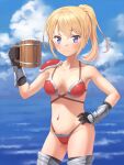  1girl alcohol armor beer bikini_armor black_gloves blonde_hair blue_sky blush breasts closed_mouth cloud commentary_request cup day gauntlets gloves hand_on_hip highres holding holding_cup looking_at_viewer medium_breasts meow_(nekodenki) navel ocean original outdoors ponytail short_hair sky smile solo 