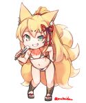  animal_ear_fluff animal_ears bikini blonde_hair chibi fox_ears fox_girl fox_tail full_body green_eyes grin hair_ribbon halterneck jingai_modoki leaning_forward long_hair looking_at_viewer mon-musu_quest! monster_girl multiple_tails navel ponytail red_ribbon ribbon sandals signature slit_pupils smile swimsuit tail tamamo_(mon-musu_quest!) tattoo twitter_username white_background 