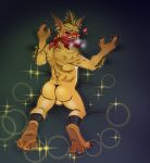  &lt;3 all_fours anthro bandanna butt dota ear_piercing felid fur gondar_the_bounty_hunter hair hi_res hotoshuken kerchief looking_at_viewer lying male mammal mouth_covered on_front piercing presenting presenting_hindquarters red_eyes solo spiky_hair video_games yellow_body yellow_fur 
