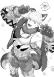  1boy abs absurdres animal_ear_fluff animal_ears bangs bara blush boots fang fang_out fangs fur_collar granblue_fantasy greyscale halloween_costume highres jacket knee_boots large_pectorals looking_at_viewer male_focus migi_(mm86262394) monochrome muscular muscular_male navel official_alternate_costume open_clothes open_jacket open_mouth pants paw_pose pectorals short_hair smile solo tail tank_top teeth torn_clothes torn_tank_top vane_(granblue_fantasy) vane_(halloween)_(granblue_fantasy) wolf_boy wolf_ears wolf_paws wolf_tail 