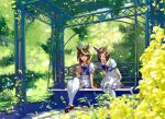  2girls air_groove_(umamusume) animal_ears bangs blurry blurry_foreground book bow bowtie brown_footwear brown_hair closed_eyes commentary depth_of_field ear_bow earrings frilled_skirt frills hair_between_eyes highres holding holding_book horse_ears horse_girl horse_tail horseshoe_ornament jewelry loafers multicolored_hair multiple_girls outdoors patio_swing pleated_skirt puffy_short_sleeves puffy_sleeves purple_bow purple_bowtie purple_eyes purple_shirt reading sailor_collar sailor_shirt shirt shishimaruzilla shoes short_sleeves single_earring skirt symboli_rudolf_(umamusume) tail thighhighs umamusume white_hair white_sailor_collar white_skirt white_thighhighs yellow_bow 