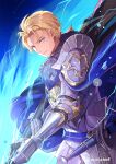  1boy alternate_hairstyle armor bangs blonde_hair blue_cape blue_eyes cape chachie chainmail cowboy_shot dimitri_alexandre_blaiddyd elbow_pads fire_emblem fire_emblem:_three_houses fire_emblem_warriors:_three_hopes fur_collar gauntlets highres holding holding_weapon looking_at_viewer low_ponytail male_focus medium_hair metal_gloves official_alternate_costume official_alternate_hairstyle parted_bangs pauldrons plate_armor short_ponytail shoulder_armor sky solo star_(sky) starry_sky twitter_username weapon 
