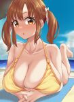  1girl :o absurdres beach bikini blue_sky blush breasts brown_hair cleavage collarbone full-face_blush heel_up highres huge_breasts idolmaster idolmaster_cinderella_girls interlocked_fingers looking_at_viewer lying mat mukae_gou on_stomach outdoors own_hands_together sky solo swimsuit totoki_airi twintails yellow_bikini 