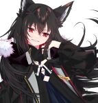  1girl absurdres animal_ear_fluff animal_ears bangs black_dress black_hair black_jacket braid commentary_request dress earrings floating_hair fox_ears fox_girl fur-trimmed_jacket fur_trim grin hair_between_eyes hair_ornament hairclip highres hiyashinssu hololive jacket jewelry kurokami_fubuki long_hair looking_at_viewer open_clothes open_jacket red_eyes sidelocks simple_background single_braid smile solo virtual_youtuber white_background 