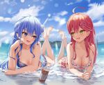  2girls absurdres adapted_costume ahoge alternate_breast_size apple_juice armpit_crease asakura_(asa_t77) bangs bare_legs barefoot beach bikini blue_bikini blue_eyes blue_hair blue_sky blush breasts cleavage cloud cloudy_sky collarbone commentary_request crossed_legs earrings eyelashes feet_up frilled_bikini frills green_eyes hair_between_eyes hair_ornament hair_ribbon hairclip highres hololive hoshimachi_suisei jewelry juice_box knees_apart_feet_together large_breasts legs lens_flare long_hair looking_at_another lying medium_breasts multiple_girls on_stomach one_side_up plaid plaid_bikini ribbon sakura_miko shiny shiny_hair shiny_skin sidelocks sky soles star_(symbol) star_in_eye swimsuit symbol_in_eye the_pose thighs toes virtual_youtuber water white_bikini 