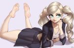  1girl absurdres bangs barefoot black_jacket black_skirt blonde_hair blue_eyes breasts earrings feet_up full_body grey_background hair_ornament hairclip hand_to_own_mouth highres jacket jewelry long_hair looking_to_the_side lying on_stomach persona persona_5 pleated_skirt shirt skirt sleeves_rolled_up smile solo swept_bangs takamaki_anne thighs twintails wavy_hair white_shirt x_xith_x 