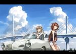  2girls alternate_costume bangs black_ribbon black_tank_top bracelet breasts bridge brown_eyes brown_hair car cloud commentary_request day eyewear_hang eyewear_removed ground_vehicle hair_ornament hair_ribbon hairband hairclip heterochromia holding holding_eyewear jewelry kantai_collection letterboxed light_brown_hair long_hair looking_at_viewer medium_breasts motor_vehicle multiple_girls murasame_(kancolle) murasame_kai_ni_(kancolle) outdoors red_eyes red_hairband ribbon shiratsuyu_(kancolle) shiratsuyu_kai_ni_(kancolle) shirt shorts sky smile sugue_tettou sunglasses tank_top twitter_username two_side_up whistle whistle_around_neck white_shirt white_shorts 