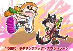  2girls absurdres ahoge animal_ears aonoji bike_shorts black_hair chanchanko_(clothes) chibi commentary_request crossover highres horse_ears horse_girl horse_tail inkling inkling_girl kitasan_black_(umamusume) kouhaku_nawa multicolored_hair multiple_girls orange_eyes pointy_ears rope sandals shimenawa splatoon_(series) splatoon_1 streaked_hair tail translation_request two-tone_hair umamusume weapon_request white_hair 