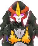  1girl alien bra breasts flamewar humanoid_robot looking_at_viewer mecha_musume pink_eyes robot simple_background small_breasts solo transformers transformers_prime underwear white_background wings 