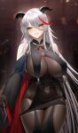  1girl aegir_(azur_lane) arms_at_sides azur_lane bare_shoulders black_cape blurry blurry_background bodystocking breast_curtains breasts cape corset cowboy_shot cross cross_earrings curled_horns demon_horns detached_sleeves earrings fouriasensei gloves grey_hair hair_between_eyes hair_on_horn highres horns impossible_clothes iron_cross jewelry large_breasts lipgloss long_hair looking_at_viewer multicolored_hair navel red_hair revealing_clothes see-through skindentation slit_pupils solo streaked_hair thigh_gap two-tone_cape two-tone_hair very_long_hair yellow_eyes 