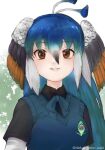  1girl animal_costume bird_girl bird_wings blue_hair bow bowtie cardigan dekai_neko_suki forest green_hair highres kemono_friends kemono_friends_3 long_hair looking_at_viewer multicolored_hair nature open_mouth peafowl_(kemono_friends) red_eyes shirt simple_background solo white_hair wings 