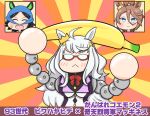  3girls :&lt; absurdres ahoge alternate_hairstyle animal_ears aonoji banana bangs biwa_hayahide_(umamusume) chibi commentary_request cosplay crossover ear_ornament ebisumaru ebisumaru_(cosplay) food fruit ganbare_goemon glasses goemon_impact goemon_impact_(cosplay) hair_between_eyes highres horse_ears horse_girl horse_tail long_bangs long_hair multiple_girls narita_taishin_(umamusume) opaque_glasses red-framed_eyewear sasuke_(ganbare_goemon) sasuke_(ganbare_goemon)_(cosplay) semi-rimless_eyewear tail topknot translation_request umamusume v-shaped_eyebrows wavy_hair white_hair winning_ticket_(umamusume) 