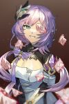  1girl :d bangs blue_eyes breasts cleavage crystal elf elysia_(honkai_impact) elysia_(miss_pink_elf) grin hair_ornament highres honkai_(series) honkai_impact_3rd large_breasts long_sleeves open_mouth pink_hair pointy_ears shards smile teeth white_doesnt_know_anything 