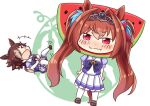  &gt;_&lt; +++ 2girls animal_ears bangs blush bow bowtie brown_footwear brown_hair check_commentary chibi closed_eyes closed_mouth commentary_request daiwa_scarlet_(umamusume) ear_ornament food frilled_skirt frills fruit fruit_costume full_body hair_between_eyes hair_intakes hair_over_one_eye hinata_yuu horse_ears horse_girl horse_tail horseshoe_ornament laughing long_hair low_ponytail lying miniskirt multicolored_hair multiple_girls on_back open_mouth pleated_skirt pout puffy_short_sleeves puffy_sleeves pun purple_bow purple_bowtie purple_shirt red_eyes sailor_collar sailor_shirt school_uniform serafuku shirt shoes short_sleeves sidelocks skirt smile standing summer_uniform tail thighhighs tiara tracen_school_uniform twintails two-tone_hair umamusume very_long_hair vodka_(umamusume) watermelon white_background white_skirt white_thighhighs 