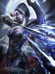  1girl aiming_at_viewer armored_leotard arrow_(projectile) bangs blue_cape blue_eyes blue_skin bow_(weapon) breasts cape cleavage colored_skin dota_(series) dota_2 drow_ranger_(dota) facepaint full_moon gauntlets highres holding holding_arrow holding_bow_(weapon) holding_weapon kingyoyo lips long_hair moon night night_sky open_mouth outdoors sky solo weapon white_hair 