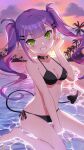  1girl :d absurdres bangs beach bikini black_bikini black_choker black_tail blunt_bangs blush breasts choker cloud demon_tail ear_piercing gaogao_(gaogaomegu) green_eyes grin hair_ornament hairclip highres hololive looking_at_viewer orange_sky palm_tree partially_submerged piercing purple_hair purple_sky side-tie_bikini sidelocks sky small_breasts smile solo sunset swimsuit tail tail_ornament tail_piercing tokoyami_towa tree twintails wet 