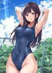  1girl armpits arms_up backless_swimsuit black_hair blue_sky blue_swimsuit blush breasts chain-link_fence cloud commentary_request competition_swimsuit covered_navel cowboy_shot day fence from_below groin highleg highleg_swimsuit highres large_breasts long_hair looking_at_viewer looking_down one-piece_swimsuit original outdoors parted_lips pink_eyes sky solo striped sunlight swimsuit v-shaped_eyebrows vertical_stripes wing_(aiastor) 