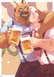 alcohol anthro arm_around_shoulders beer beverage blush canid canine canis clothing domestic_dog duo german_shepherd herding_dog hi_res human human_on_anthro interspecies kissing male male/male mammal muscular muscular_anthro muscular_male necktie open_mouth overalls pastoral_dog romantic romantic_couple sawch_cls shirt topwear 