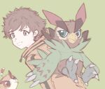  anthro avian bandai_namco beak bird brown_body brown_feathers brown_hair claws digimon digimon_(species) digimon_survive duo falcomon falcomon_(survive) feathers green_eyes grin hair human male mammal minoru_hyuga smile talons ybhk77 