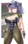  abs animal_ears black_leotard blue_hair clenched_hand dog_tags earrings fake_animal_ears fingerless_gloves gloves green_eyes green_jacket highres jacket jewelry leona_heidern leotard muscular muscular_female open_clothes open_jacket pantyhose playboy_bunny ponytail rabbit_ears saizu_nitou_gunsou shocker the_king_of_fighters 