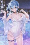  1girl blue_eyes blue_hair breasts choker cleavage frilled_swimsuit frills highres hololive hoshimachi_suisei looking_at_viewer navel night sanada_keisui skin_tight skindentation small_breasts smile solo swimsuit thigh_strap thighs water white_swimsuit 