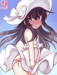  1girl :3 akatsuki_(kancolle) alternate_costume artist_logo black_hair blue_background commentary_request cowboy_shot dated dress frilled_dress frills gradient gradient_background grey_eyes hat kanon_(kurogane_knights) kantai_collection looking_at_viewer one-hour_drawing_challenge panties side-tie_panties solo standing sun_hat sundress underwear white_dress white_headwear white_panties 