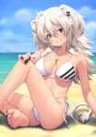  1girl absurdres animal_ears barefoot beach bikini black_nails blue_sky breasts cloud day ear_piercing fingernails green_eyes hair_between_eyes highres hololive jewelry kazuma_muramasa lion_ears lion_girl lion_tail looking_at_viewer medium_breasts nail_polish necklace ocean outdoors piercing sand shishiro_botan sky smile soles solo summer swimsuit tail toenail_polish toenails toes virtual_youtuber white_bikini 