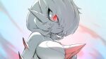  1girl between_breasts blue_background breasts closed_mouth drunkoak gardevoir highres large_breasts looking_away monster_girl pokemon pokemon_(creature) red_eyes short_hair upper_body 