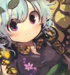  1girl andanon aqua_hair blush butterfly_wings closed_mouth dress eternity_larva fairy green_dress hair_between_eyes highres leaf leaf_on_head multicolored_clothes multicolored_dress purple_eyes short_hair short_sleeves smile solo touhou upper_body wings 