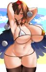  1girl absurdres akure_ekuto areola_slip arm_up armpits ass_visible_through_thighs bare_arms bare_shoulders bikini black_thighhighs black_wings breasts brown_hair cleavage cowboy_shot curvy feathered_wings hat highres huge_breasts long_hair looking_at_viewer lowleg lowleg_bikini micro_bikini naughty_face pom_pom_(clothes) red_eyes red_headwear shameimaru_aya solo stomach swimsuit thigh_gap thighhighs tokin_hat touhou wings 
