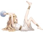  1boy agemmata anklet armpits arms_up barefoot blonde_hair braid choker circlet closed_eyes closed_mouth dress elden_ring fingernails gold_choker highres holding jewelry laughing laurel_crown leg_up long_hair lying male_focus miquella_(elden_ring) moon on_back pink_nails simple_background smile solo teeth tongue white_background white_dress 