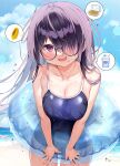  bare_shoulders beach blue_sky blue_swimsuit blush breasts chihiro_(khorosho) cleavage cloud collarbone day drooling fingernails glasses hair_over_one_eye highres innertube large_breasts long_hair looking_at_viewer ocean one-piece_swimsuit open_mouth original outdoors purple_eyes purple_hair sky smile swimsuit wet 