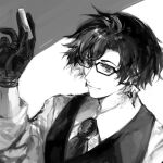 1boy chalk collared_shirt constantine_xi_(fate) earrings fate/grand_order fate_(series) glasses gloves greyscale hair_between_eyes hand_up highres holding holding_chalk jewelry looking_at_viewer male_focus monochrome necktie shirt short_hair sleeves_rolled_up smile solo umu_(um) upper_body vest 