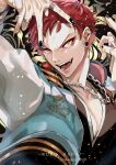  1boy black_nails chain_necklace character_name ear_piercing fangs harai_kuuko highres hypnosis_mic jacket jewelry letterman_jacket looking_at_viewer male_focus mayuge_(ugm_zzz) multicolored_background necklace piercing red_hair ring smile solo twitter_username yellow_eyes 