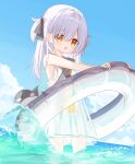  &gt;_&lt; 1girl :o animal bangs bare_arms bare_shoulders bikini bikini_under_clothes blue_bikini blue_sky brown_eyes ciela_(yuuhagi_(amaretto-no-natsu)) closed_eyes cloud commentary_request day dress fish grey_hair grey_ribbon grey_sailor_collar hair_between_eyes hair_ribbon horizon innertube long_hair looking_at_viewer ocean open_mouth original outdoors ribbon sailor_collar sailor_dress see-through sky sleeveless sleeveless_dress solo standing swimsuit two_side_up water wet wet_clothes wet_dress yuuhagi_(amaretto-no-natsu) 