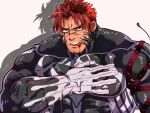  1boy akashi_(alter)_(live_a_hero) bara black_bodysuit bodysuit cross_scar hand_on_own_chest highres kizami_nori_to_yamaimo large_pectorals live_a_hero male_focus muscular muscular_male pectorals red_eyes red_hair scar scar_on_face short_hair simple_background solo tongue tongue_out upper_body white_background 