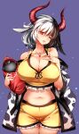  1girl absurdres animal_ears animal_print bare_arms bare_shoulders black_hair breasts cleavage collarbone cow_ears cow_girl cow_horns cow_print cowboy_shot curvy duplicate eyelashes frilled_shorts frills grey_hair hand_on_own_chest haori highres horns japanese_clothes large_breasts lips looking_at_viewer midriff mole mole_under_eye multicolored_hair navel one_eye_closed pixel-perfect_duplicate purple_background raptor7 red_eyes red_horns shorts simple_background skindentation smile solo split-color_hair statue tank_top touhou two-tone_hair ushizaki_urumi yellow_shorts 
