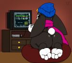  3_toes anthro big_butt black_body black_fur butt clothing electricsnowfox feet foot_focus fur hat headgear headwear hi_res kneeling lagomorph leporid male mammal mostly_nude nintendo nintendo_entertainment_system rabbit scarf soles solo tetris toes video_games white_body white_fur wrinkled_feet 