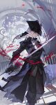 1girl ascot black_footwear black_thighhighs blood blood_on_clothes blood_stain bloodborne brooch chair coat hat hat_feather highres holding holding_sword holding_weapon indoors jewelry lady_maria_of_the_astral_clocktower long_hair looking_to_the_side ponytail rakuyo_(bloodborne) satsuya sidelocks standing sword thighhighs tricorne weapon white_hair 